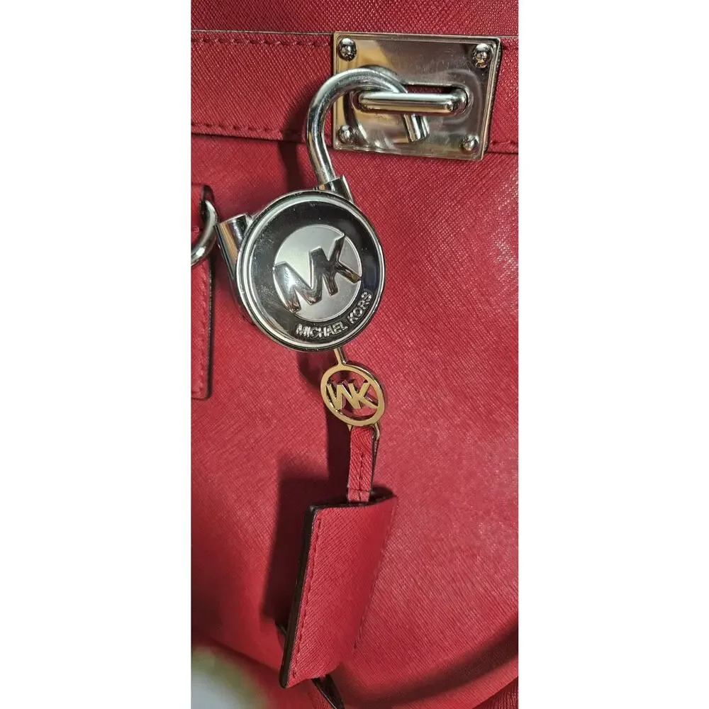 Michael Kors Hamilton Bag In Red Leather With Silver Accents And Key Lock